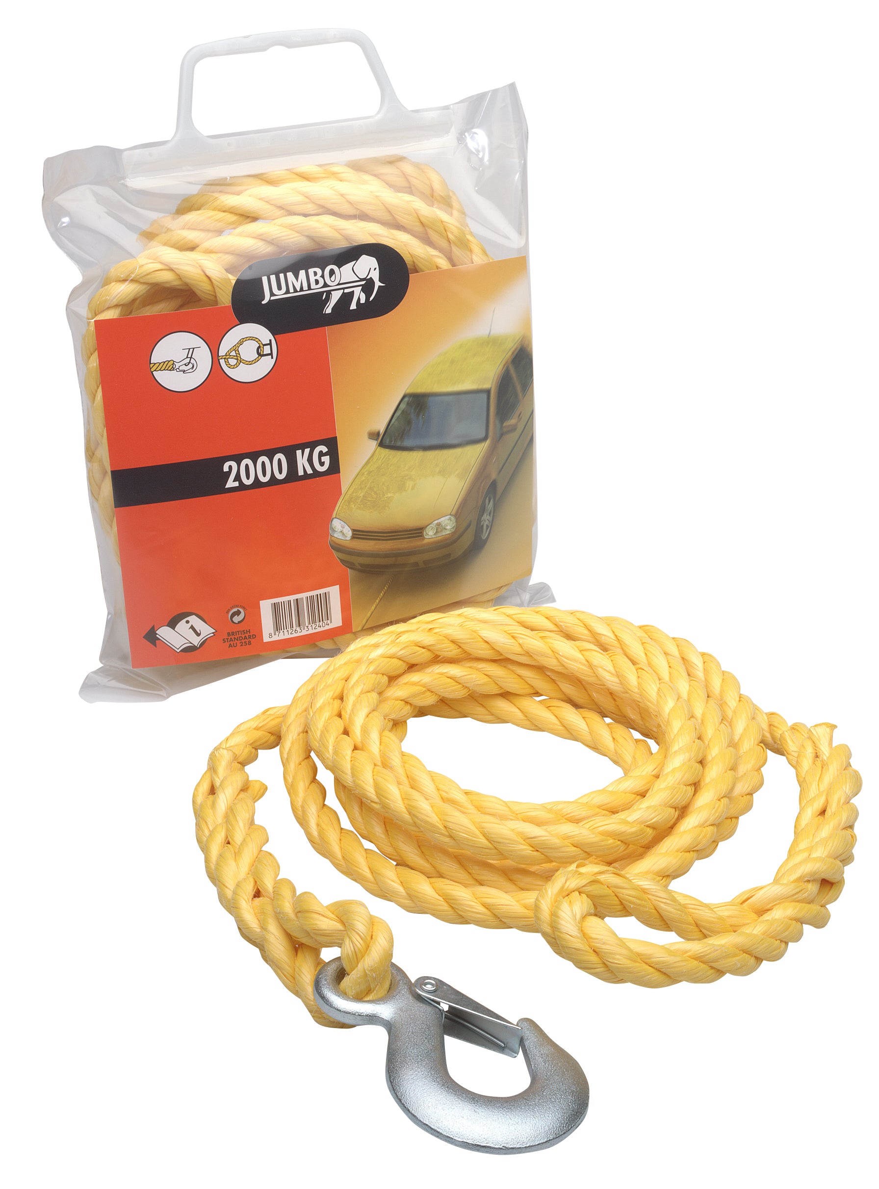 Slæbetov 2000 kg 3 m med kabinhager og advarselsflag - JumboBrand