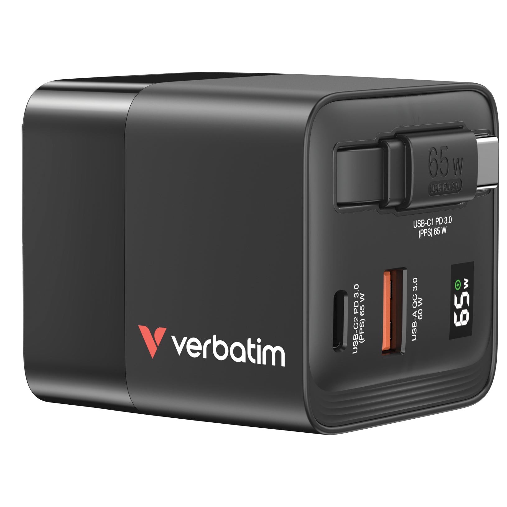 Verbatim Gan Charger 65W 2xUSB-C PD,1xUSB-A, retrac. Cable 32217