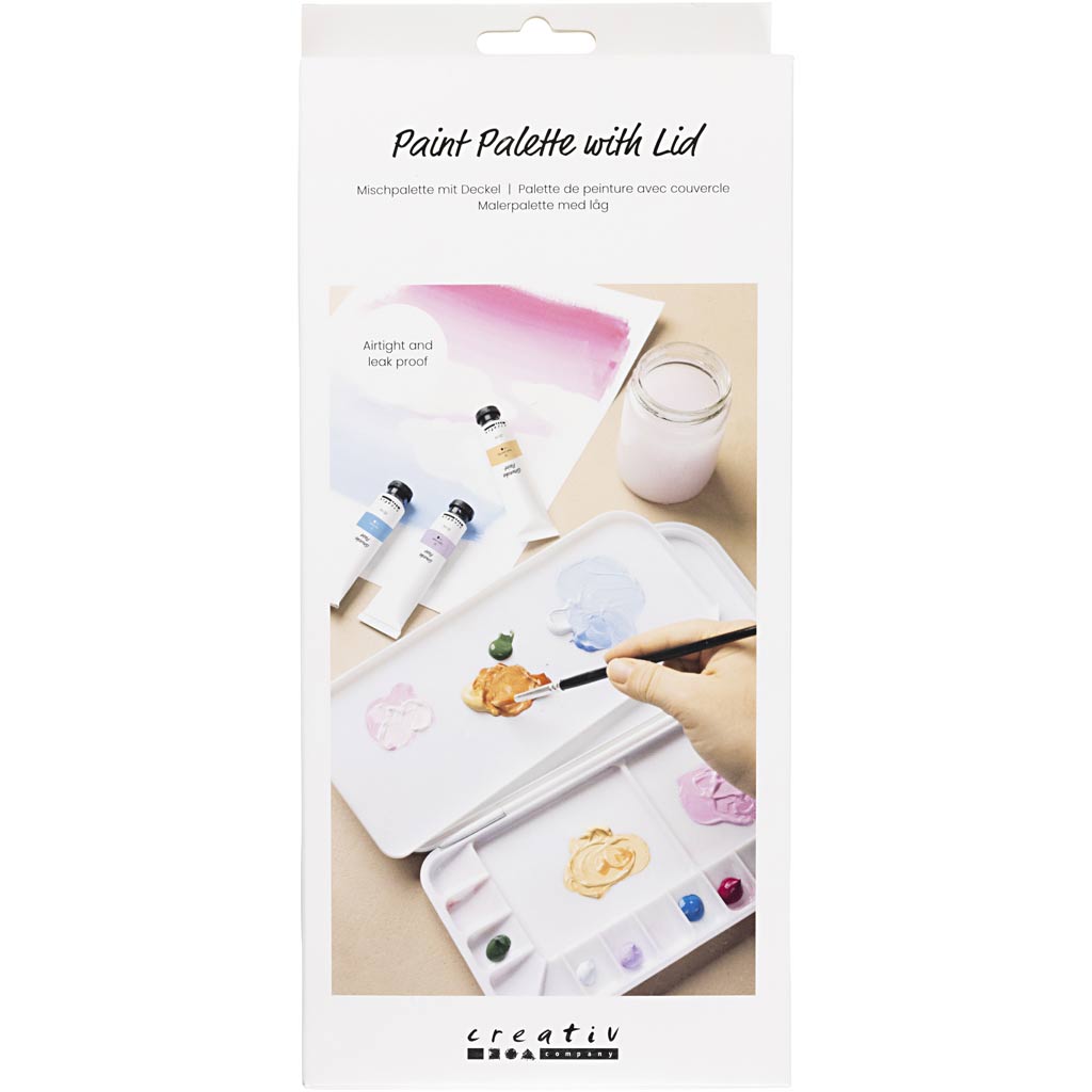 Malerpalette med låg, str. 27x12,7x2,3 cm, sølv, hvid, 1 stk.