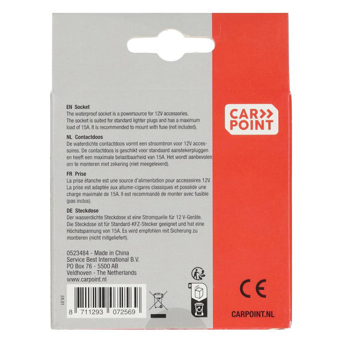 Cigartænderstik til skruemontering 12/24V, 15A, 21 mm, 15 cm kabel - Carpoint