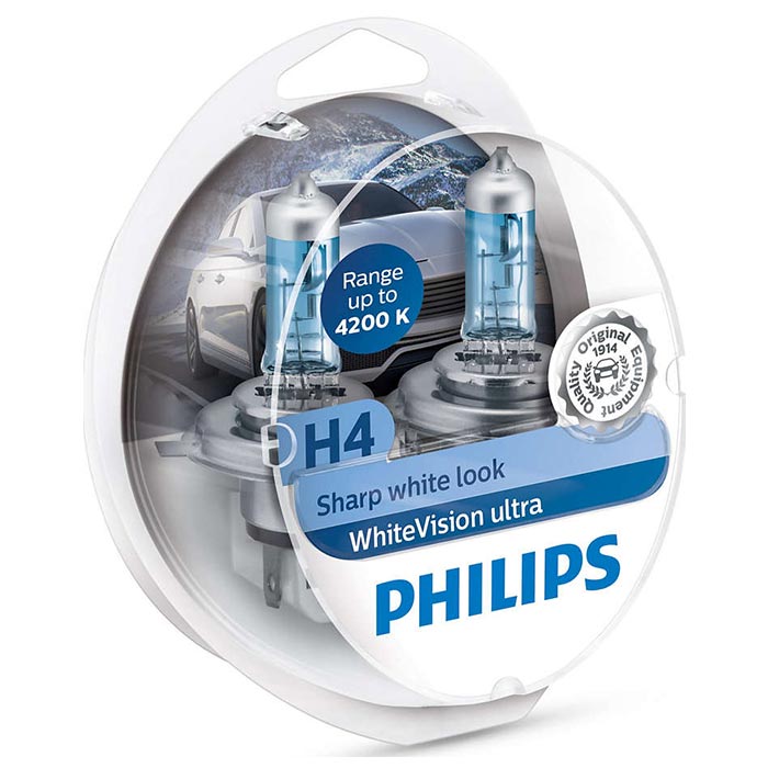 Hvidt halogenpæresæt H4/W5W 12V - WhiteVision Ultra, Philips