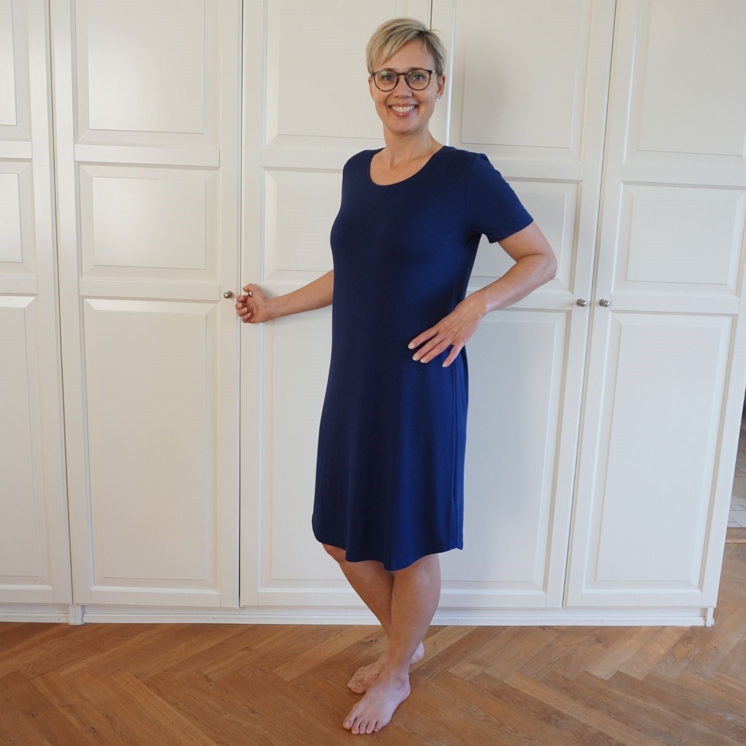 Dame natkjole halvlang med kort ærme - Mørkeblå