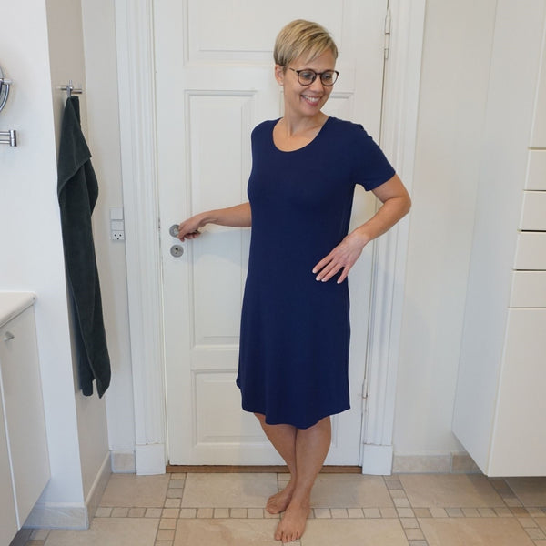 Dame natkjole halvlang med kort ærme - Mørkeblå