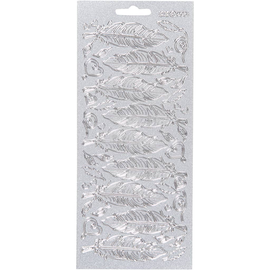 Stickers, fjer, ark 10x23 cm, sølv, 1 ark