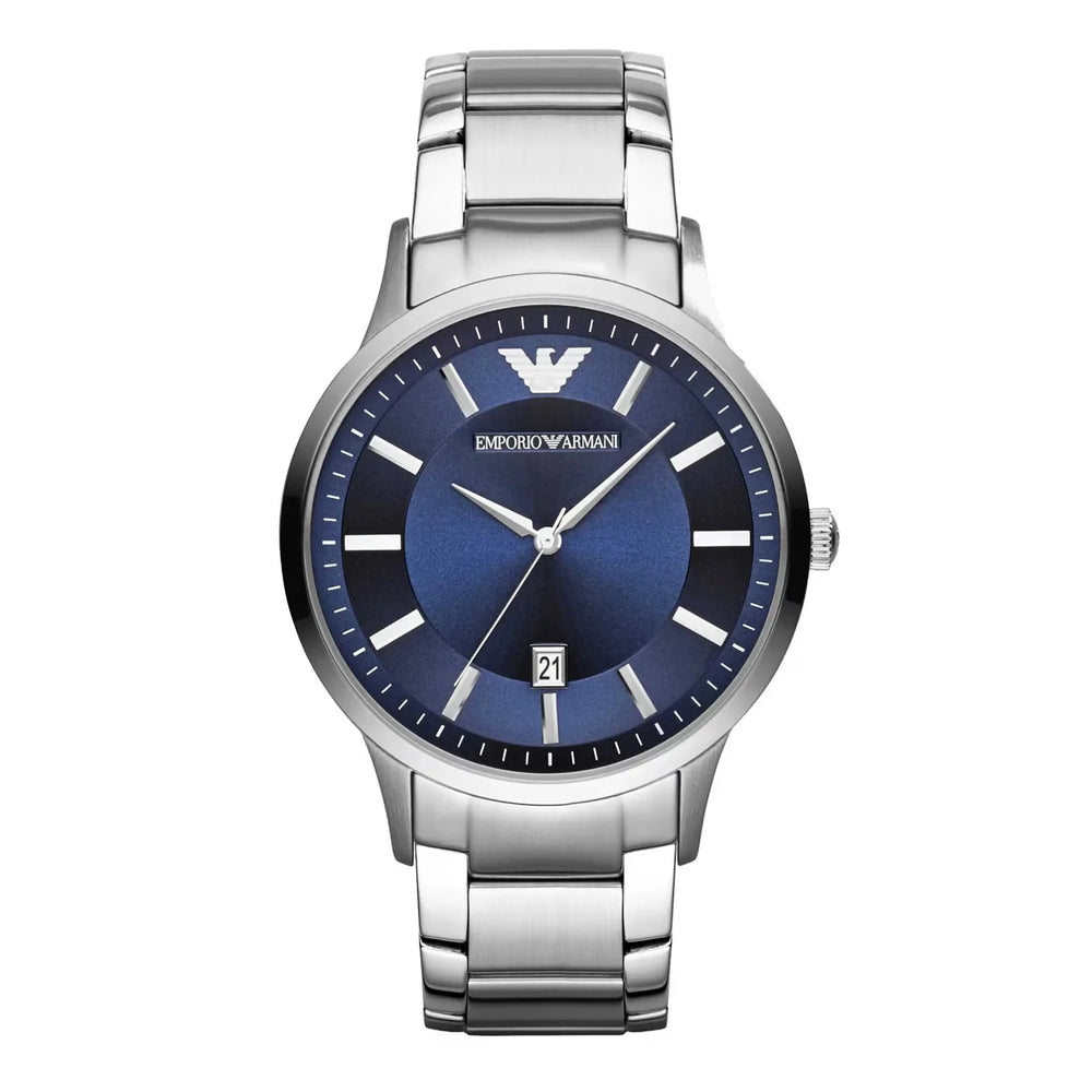 Emporio Armani Mens Ar11180 Silver Tone Stainless Steel Watch With Blue Dial