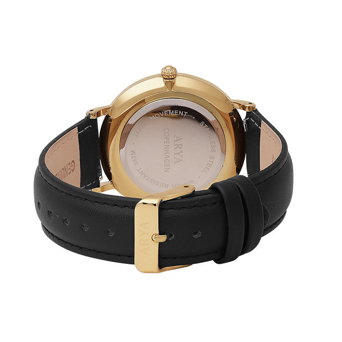 Dameur 36 mm guldbelagt ramme, sort læderrem 18 mm - Arya Copenhagen
