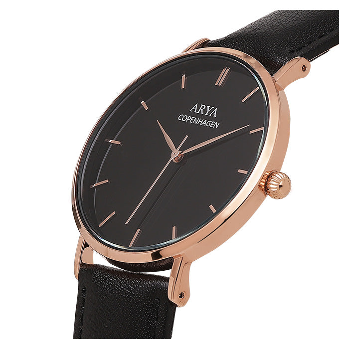 Herreur 40 mm Rose Gold Sort Læder Vandtæt Miyota - Arya Copenhagen