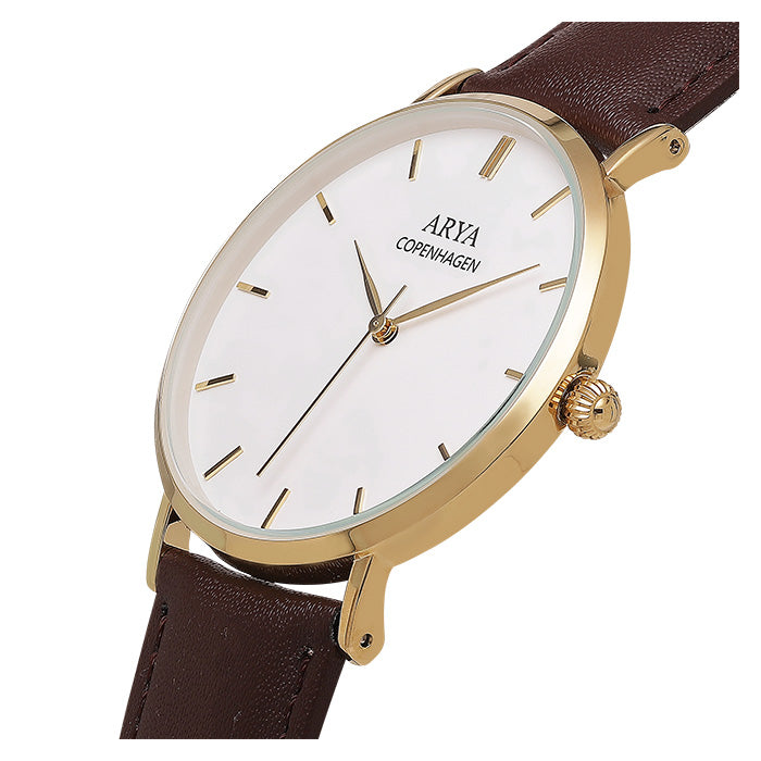 Herreur 40 mm guldfarvet kasse brun læderrem Miyota 3 ATM - Arya Copenhagen