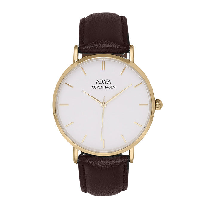 Herreur 40 mm guldfarvet kasse brun læderrem Miyota 3 ATM - Arya Copenhagen