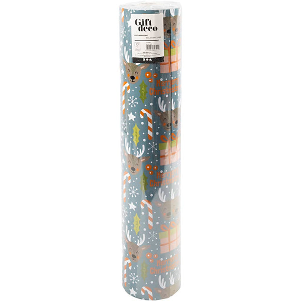 Gavepapir, Julemand, julegave, slikstok, rensdyr, B: 50 cm, 80 g, grå, 100 m/ 1 rl.