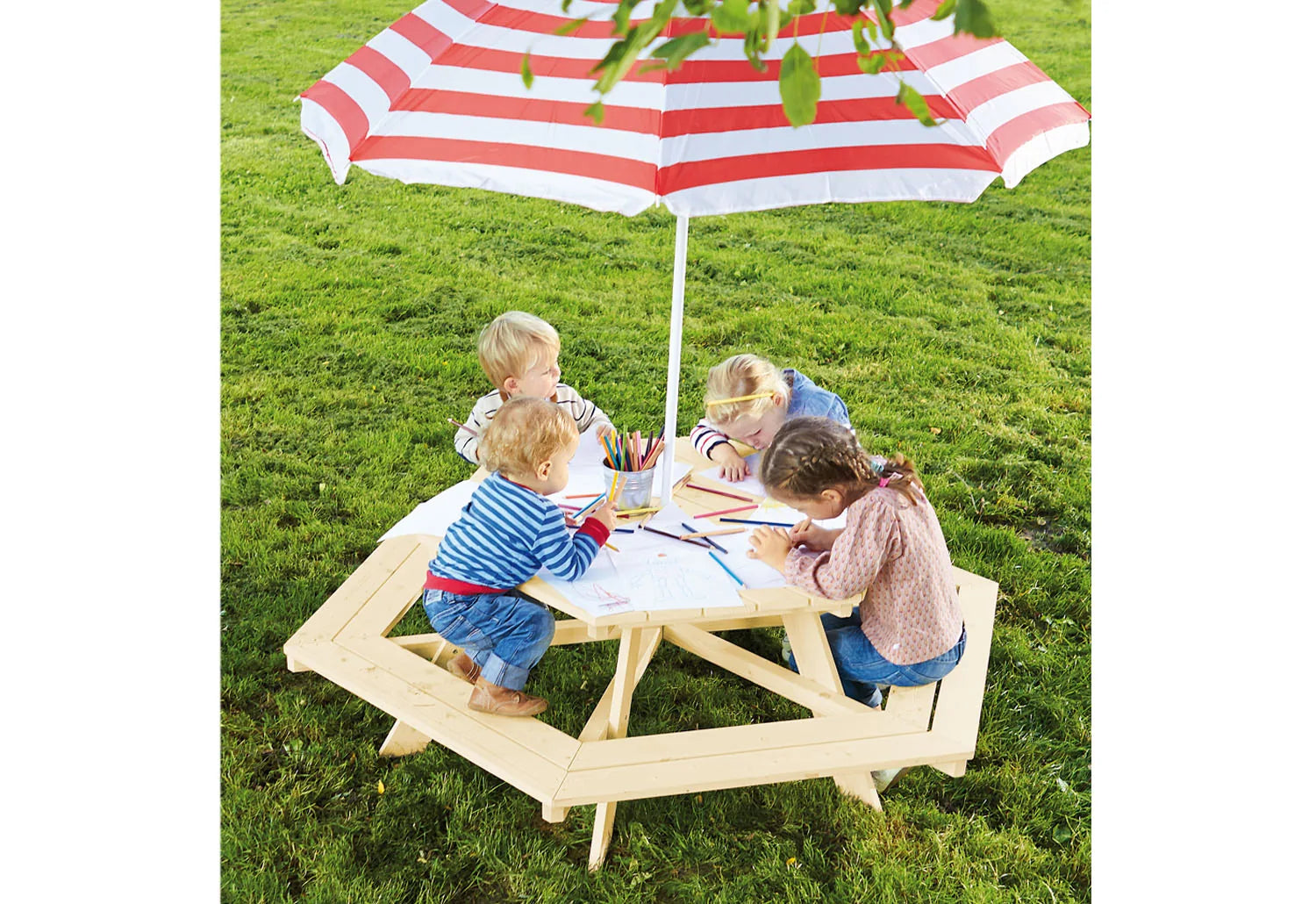 Pinolino Børne Havemøbel Sekskantet (6Pers.) Økologisk – Nicki, Ubehandlet fyr – Interiør og Børnemøbler - Inde og udemøbler til børn -