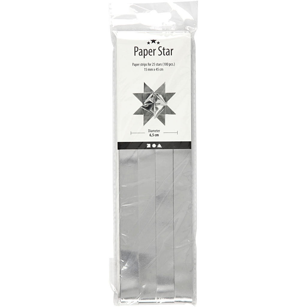 Stjernestrimler, L: 45 cm, diam. 6,5 cm, B: 15 mm, sølv, 100 strimler/ 1 pk.
