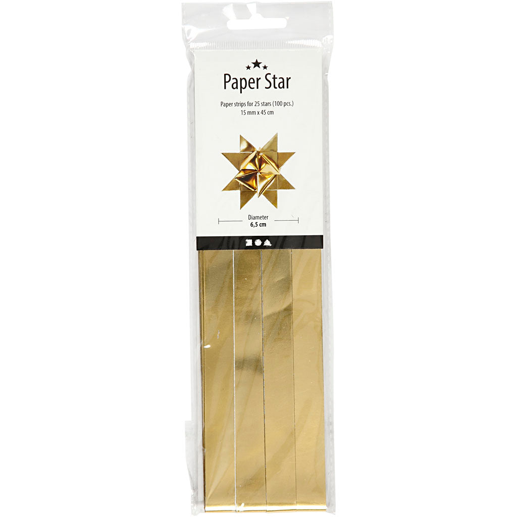 Stjernestrimler, L: 45 cm, diam. 6,5 cm, B: 15 mm, guld, 100 strimler/ 1 pk.