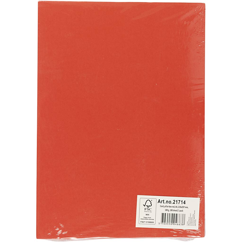 Karton, A4, ark 210x297 mm, 180 g, rød, 100 ark/ 1 pk.