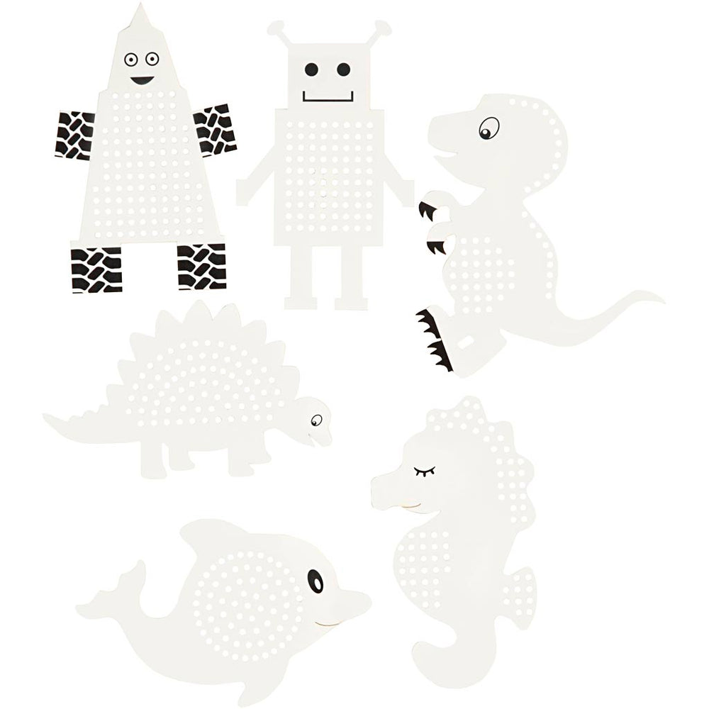 Broderifigurer, dyr/robotter, H: 8-13 cm, B: 8-13 cm, hvid, 6x3 stk./ 1 pk.