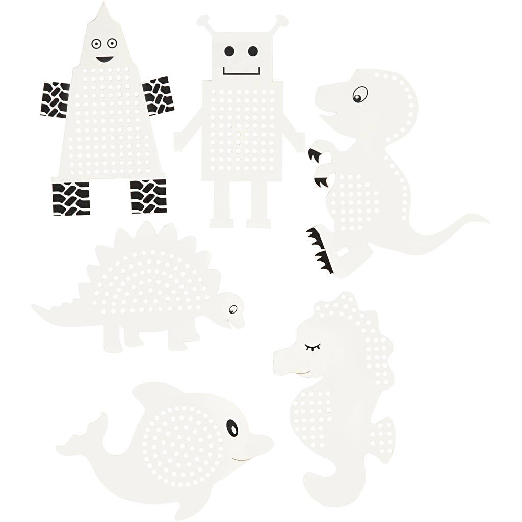 Broderifigurer, dyr/robotter, H: 8-13 cm, B: 8-13 cm, hvid, 6x3 stk./ 1 pk.