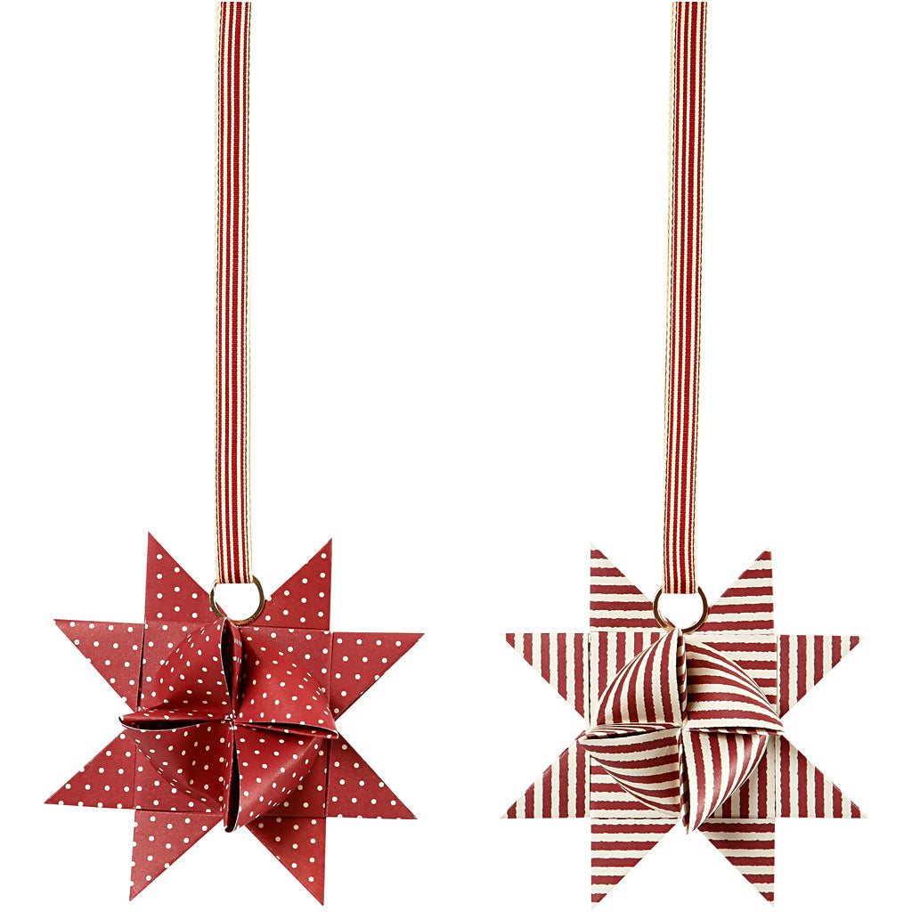 Stjernestrimler, L: 44+78 cm, B: 15+25 mm, diam. 6,5+11,5 cm, rød, hvid, 60 strimler/ 1 pk.