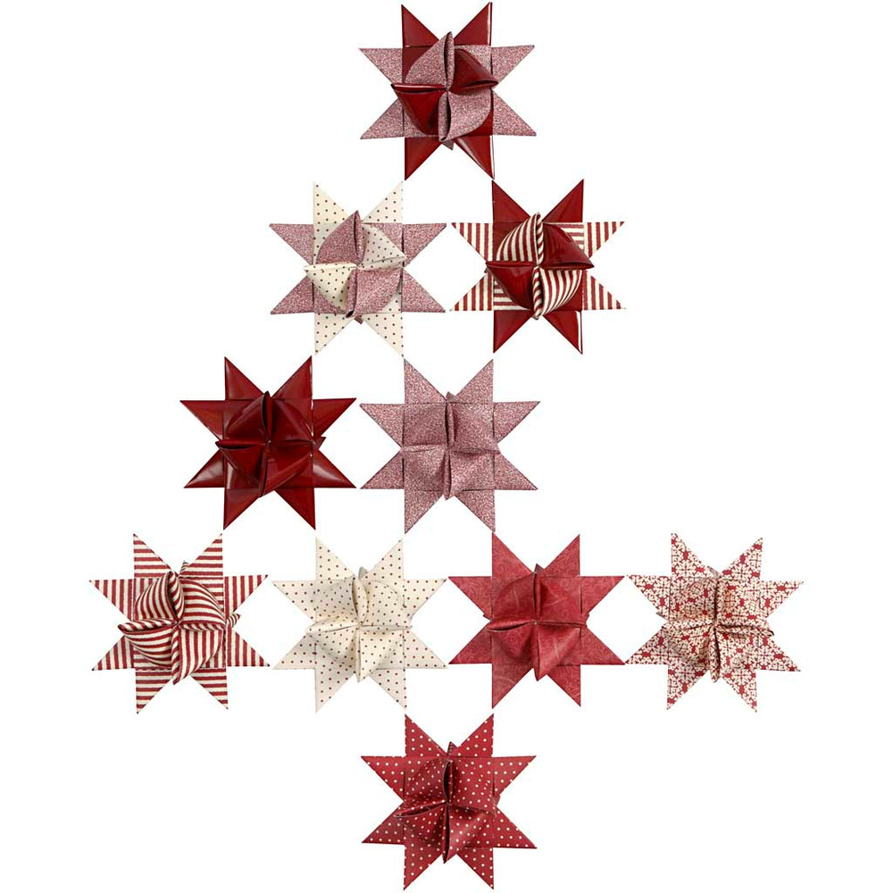 Stjernestrimler, L: 44+78 cm, B: 15+25 mm, diam. 6,5+11,5 cm, rød, hvid, 60 strimler/ 1 pk.