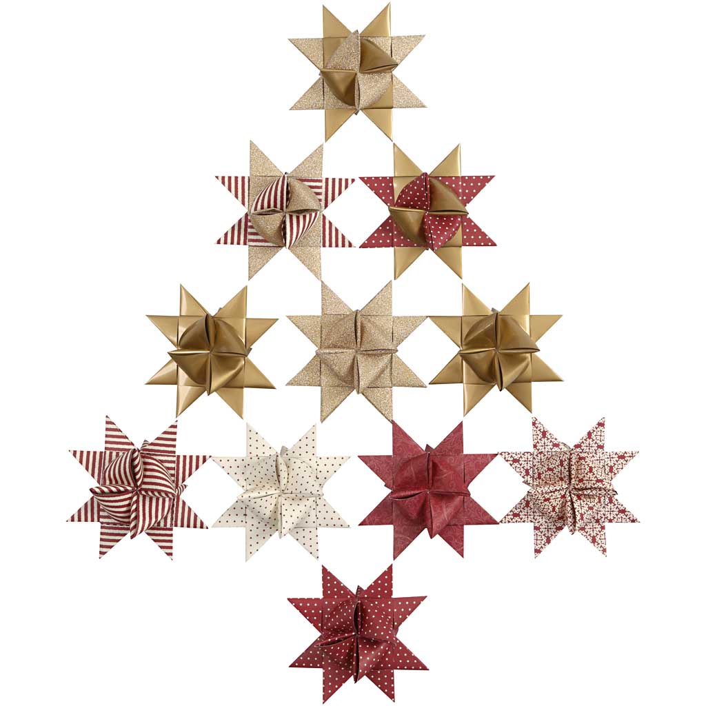 Stjernestrimler, L: 44+78 cm, B: 15+25 mm, diam. 6,5+11,5 cm, rød, hvid, 60 strimler/ 1 pk.