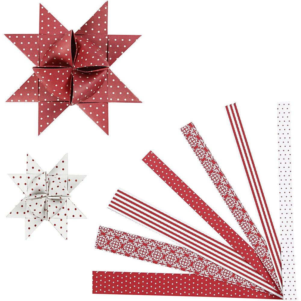 Stjernestrimler, L: 44+78 cm, B: 15+25 mm, diam. 6,5+11,5 cm, rød, hvid, 60 strimler/ 1 pk.