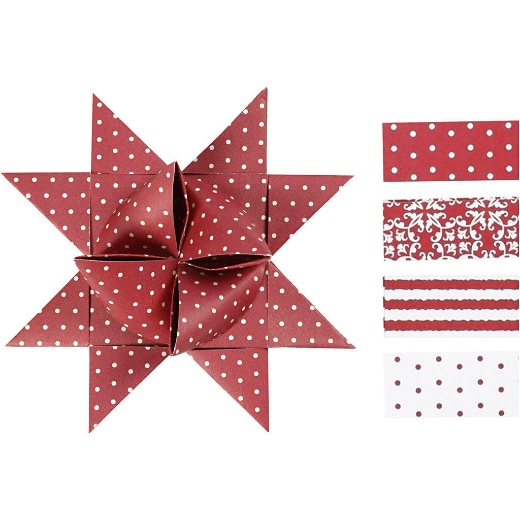 Stjernestrimler, L: 44+78 cm, B: 15+25 mm, diam. 6,5+11,5 cm, rød, hvid, 60 strimler/ 1 pk.