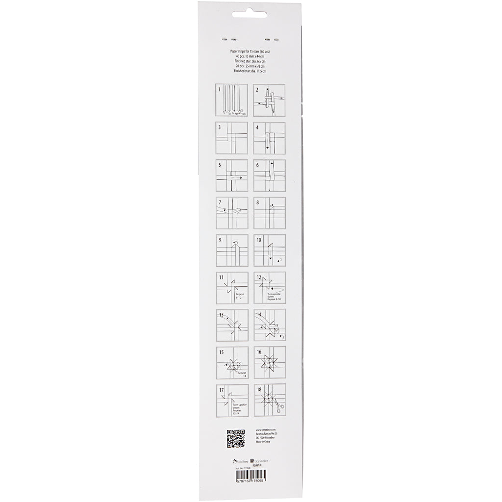 Stjernestrimler, L: 44+78 cm, B: 15+25 mm, diam. 6,5+11,5 cm, rød, hvid, 60 strimler/ 1 pk.