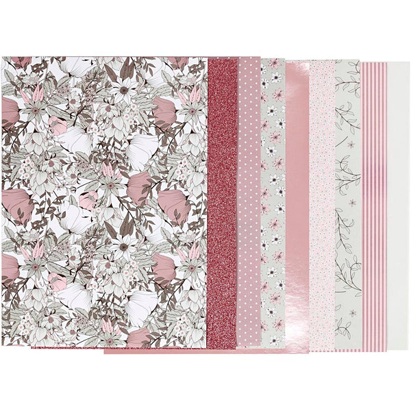 Designpapir i blok, str. 21x30 cm, 120+128 g, beige, brun, rosa, hvid, 24 ark/ 1 pk.