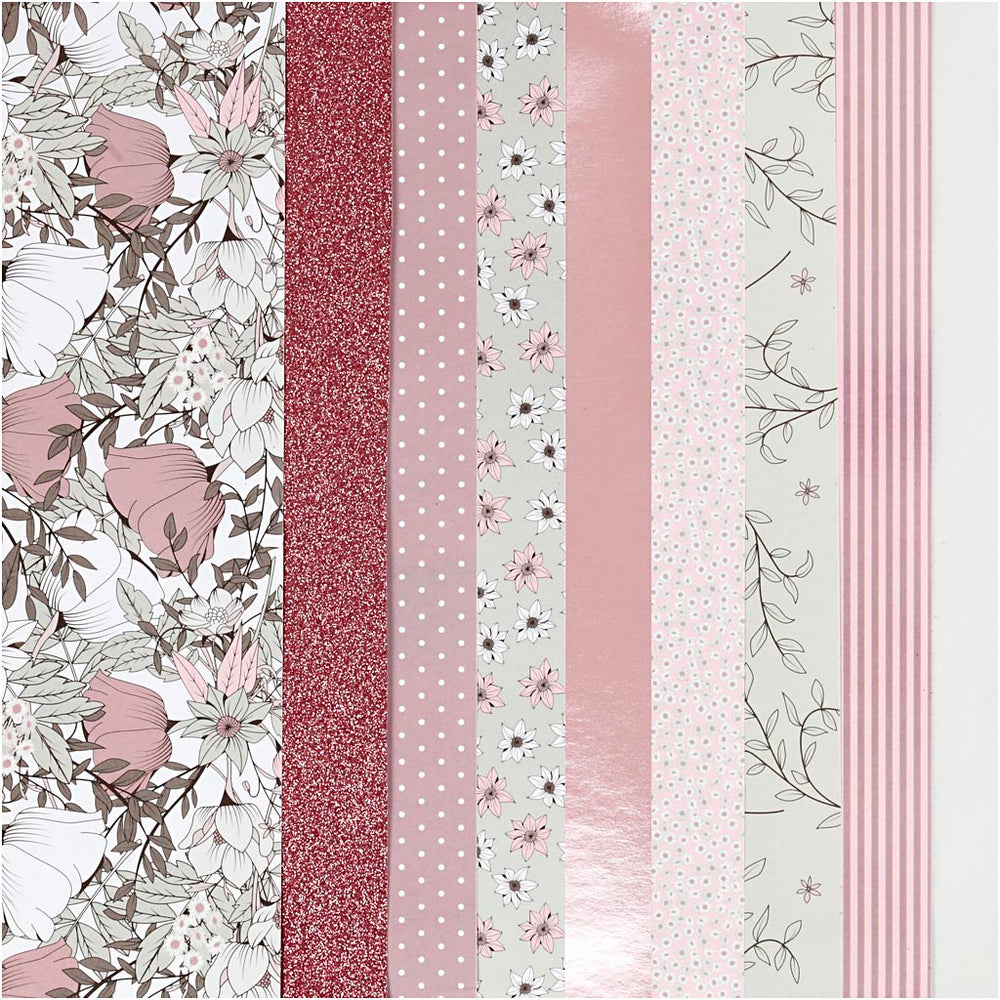 Designpapir i blok, str. 21x30 cm, 120+128 g, beige, brun, rosa, hvid, 24 ark/ 1 pk.