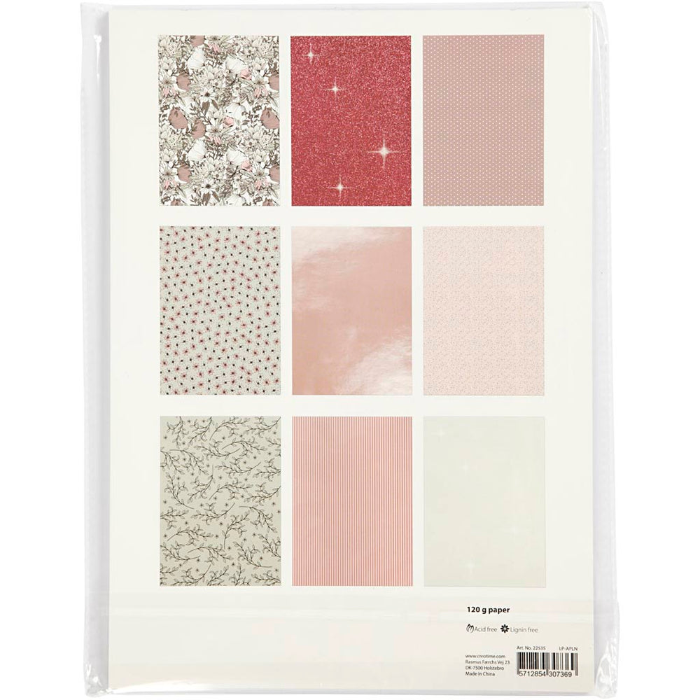 Designpapir i blok, str. 21x30 cm, 120+128 g, beige, brun, rosa, hvid, 24 ark/ 1 pk.