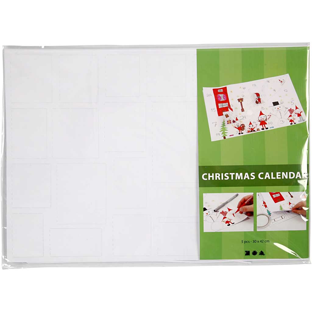 Julekalender, str. 30x42 cm, hvid, 5 stk./ 1 pk.