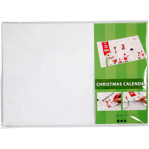 Julekalender, str. 30x42 cm, hvid, 5 stk./ 1 pk.