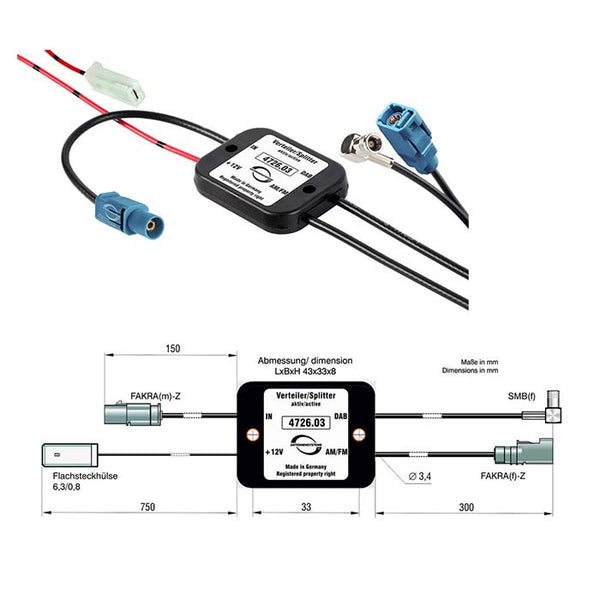 Aktiv FM/DAB splitter til passiv bilantenne, Fakra/SMB stik - ACV
