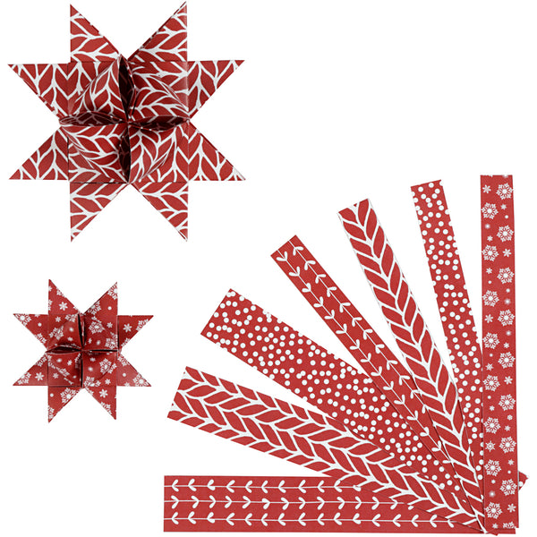 Stjernestrimler, L: 44+78 cm, B: 15+25 mm, diam. 6,5+11,5 cm, rød, hvid, 60 strimler/ 1 pk.