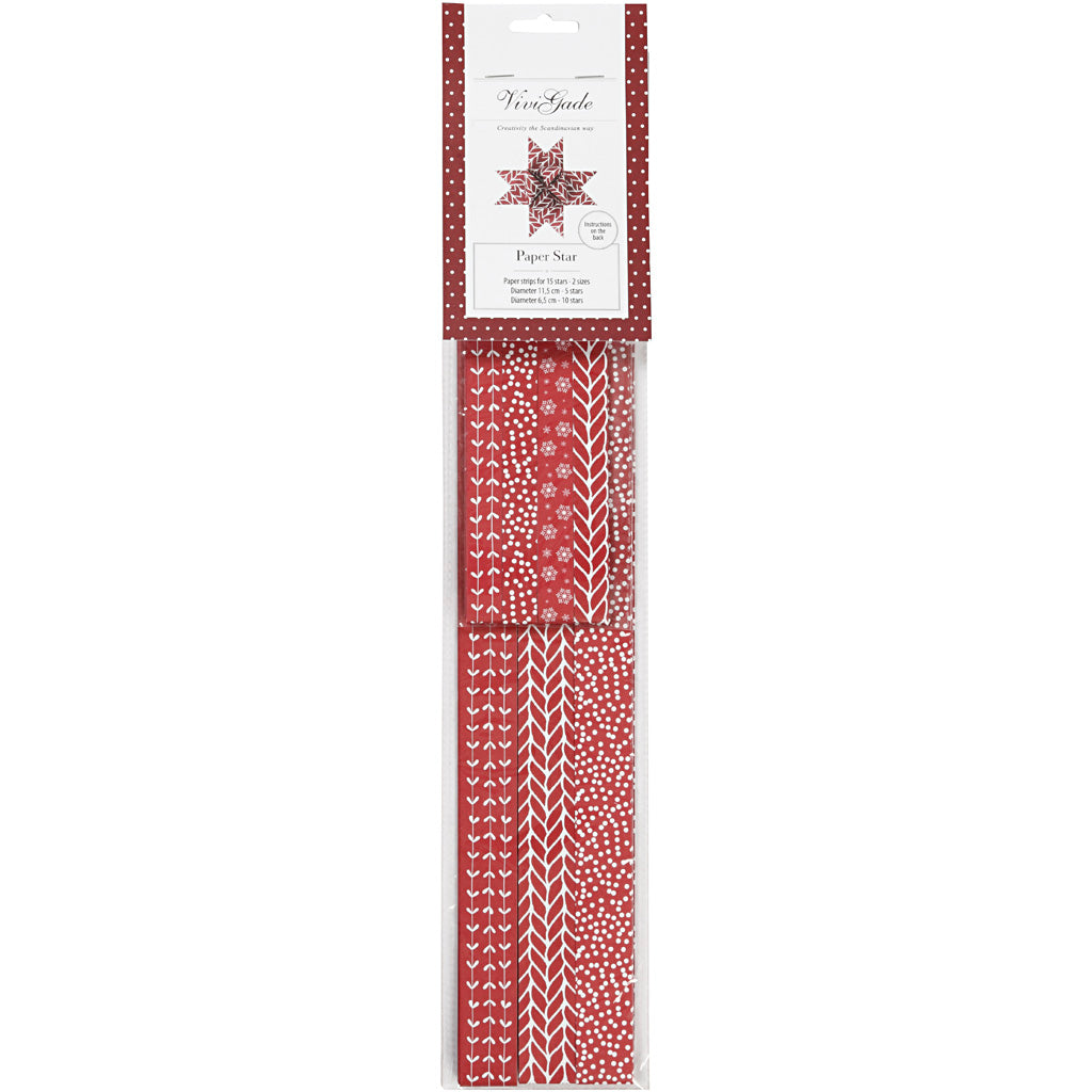 Stjernestrimler, L: 44+78 cm, B: 15+25 mm, diam. 6,5+11,5 cm, rød, hvid, 60 strimler/ 1 pk.