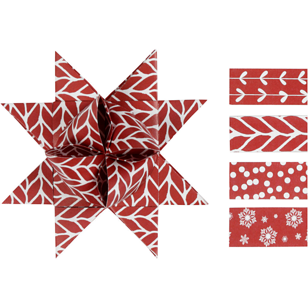 Stjernestrimler, L: 44+78 cm, B: 15+25 mm, diam. 6,5+11,5 cm, rød, hvid, 60 strimler/ 1 pk.