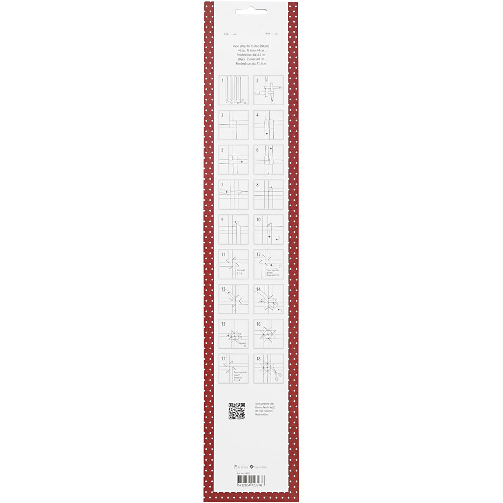 Stjernestrimler, L: 44+78 cm, B: 15+25 mm, diam. 6,5+11,5 cm, rød, hvid, 60 strimler/ 1 pk.