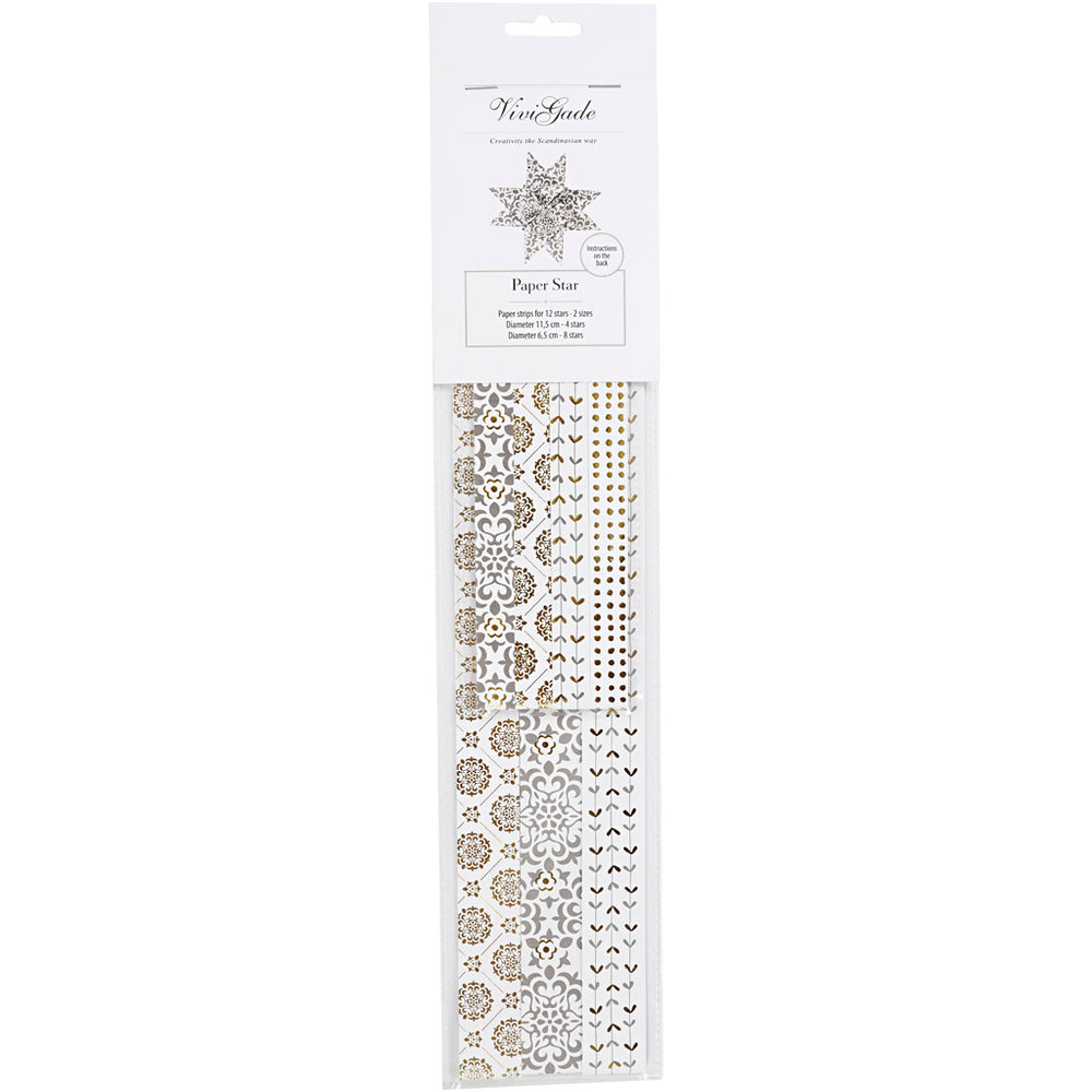 Stjernestrimler, L: 44+78 cm, diam. 6,5+11,5 cm, B: 15+25 mm, guld, hvid, 48 strimler/ 1 pk.