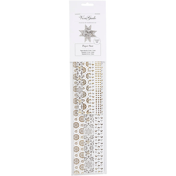 Stjernestrimler, L: 44+78 cm, diam. 6,5+11,5 cm, B: 15+25 mm, guld, hvid, 48 strimler/ 1 pk.