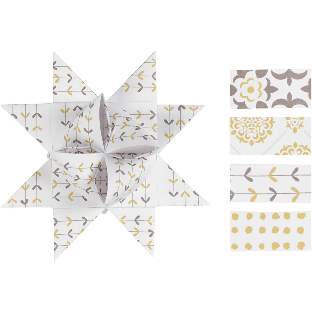 Stjernestrimler, L: 44+78 cm, diam. 6,5+11,5 cm, B: 15+25 mm, guld, hvid, 48 strimler/ 1 pk.