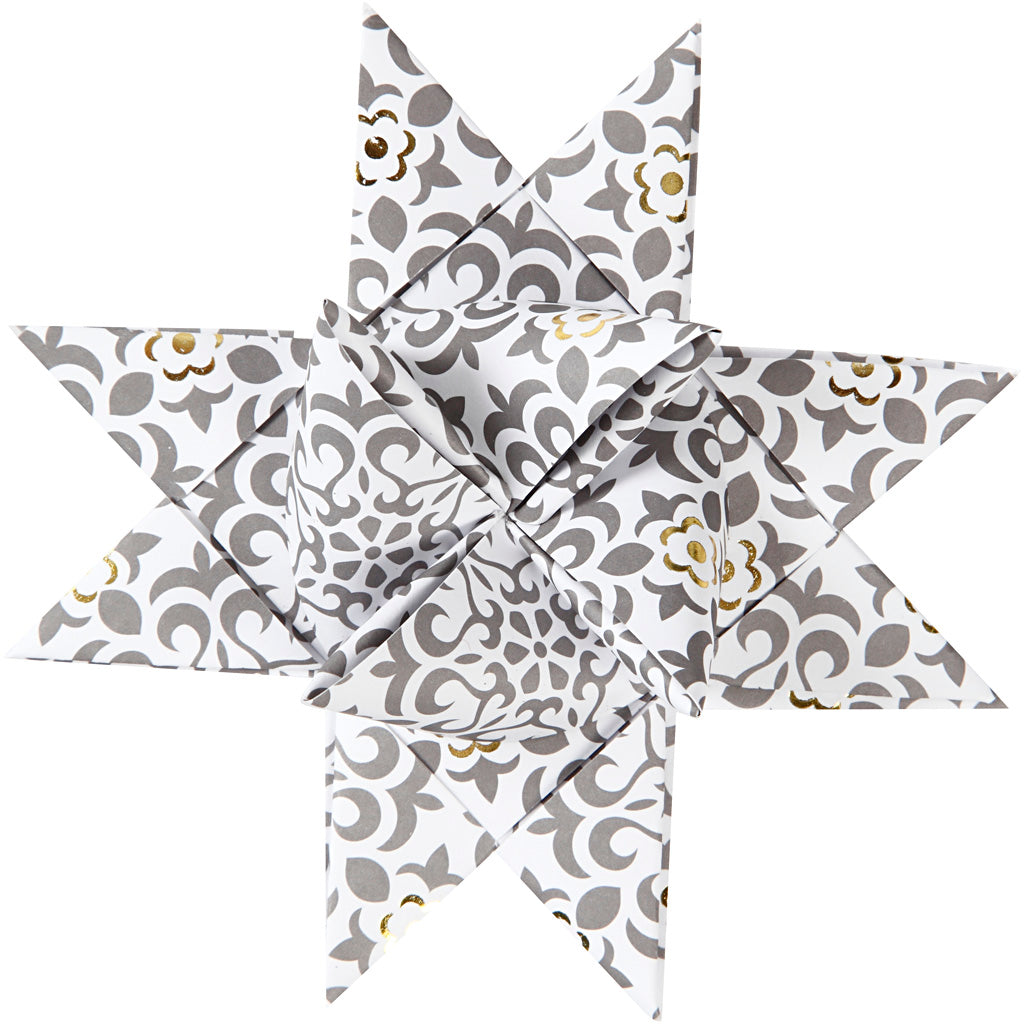 Stjernestrimler, L: 44+78 cm, diam. 6,5+11,5 cm, B: 15+25 mm, guld, hvid, 48 strimler/ 1 pk.