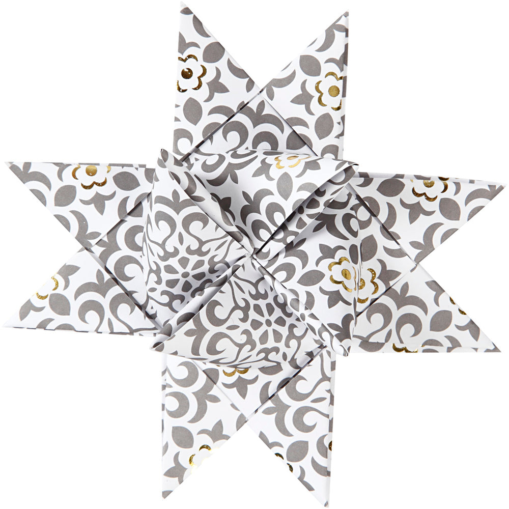Stjernestrimler, L: 44+78 cm, diam. 6,5+11,5 cm, B: 15+25 mm, guld, hvid, 48 strimler/ 1 pk.