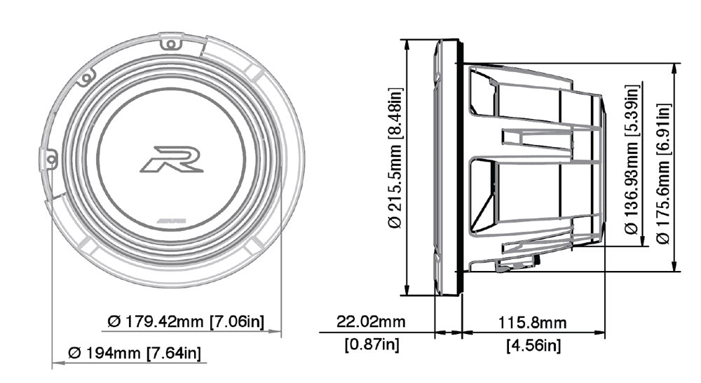 8 Type-R subwoofer 4 Ω, 350W RMS - Alpine