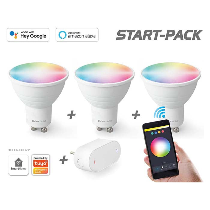 GU10 LED-pærer smart starterpack 3-pack, Bluetooth/WiFi, 300 lm, 5W - Caliber