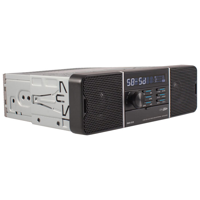 FM-tuner 1-DIN med indbyggede højttalere, USB/SD/AUX, 12/24V - Caliber