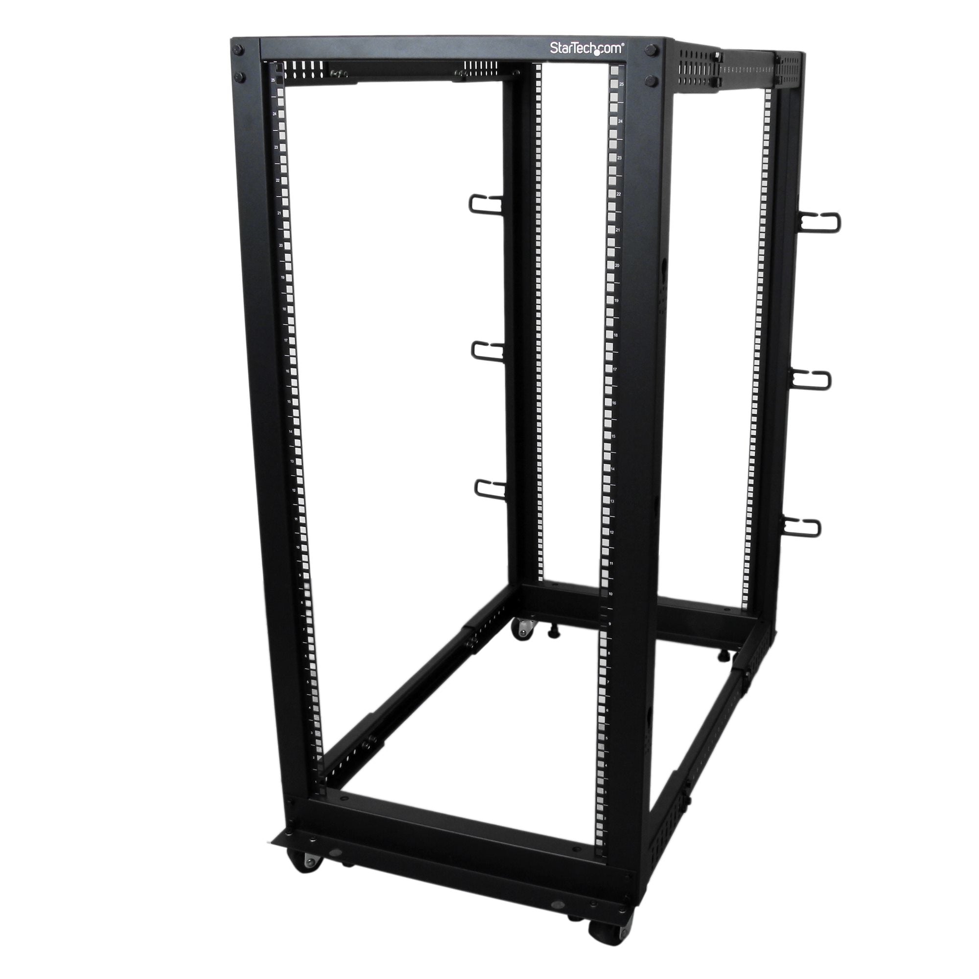StarTech.com 25U Open Frame Server Rack - 4 Post Adjustable Depth (22 to 40) Network Equipment Rack w/ Casters/ Levelers/ Cable Management (4POSTRACK25U) Rack Sort