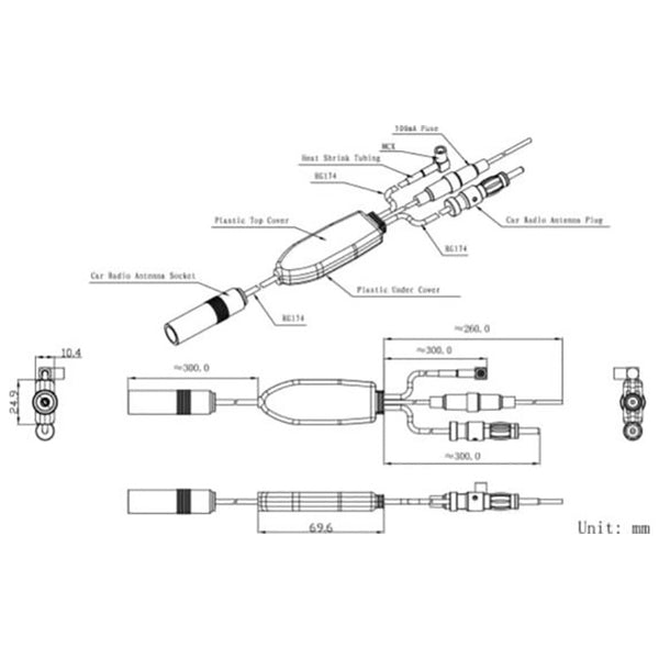 DAB-splitter for antenne og DVB, 50 Ω, 525 kHz - 237 MHz, signalforstærker - acv
