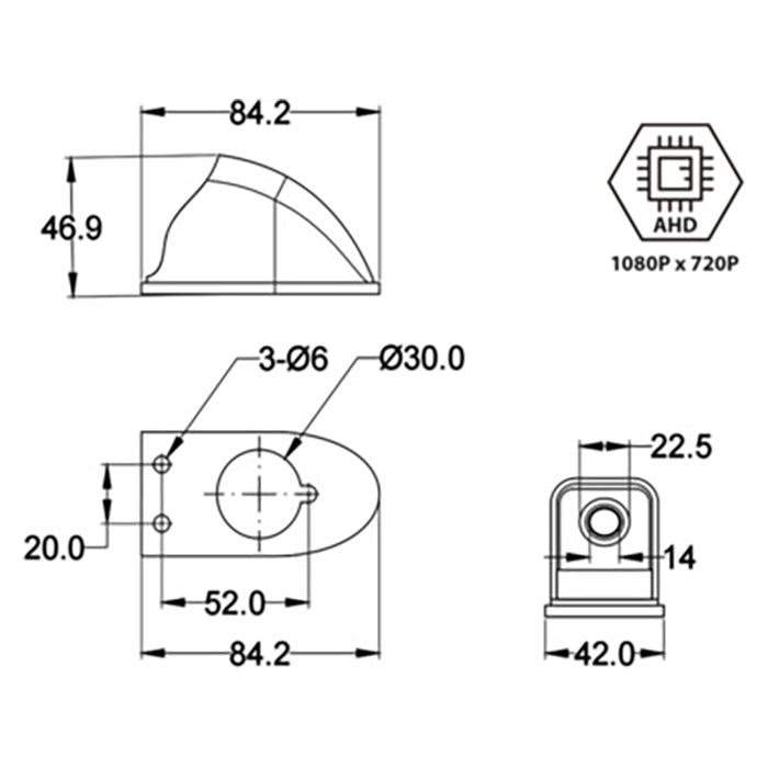 Bakkamera AHD 1080×720 210° vandtæt 12/24V universal dråbeformet hvid - acv