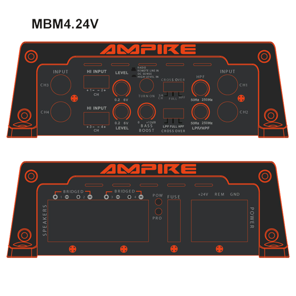 4-kanals 24V bil/lastbil forstærker kompakt 4x100W RMS Ampire