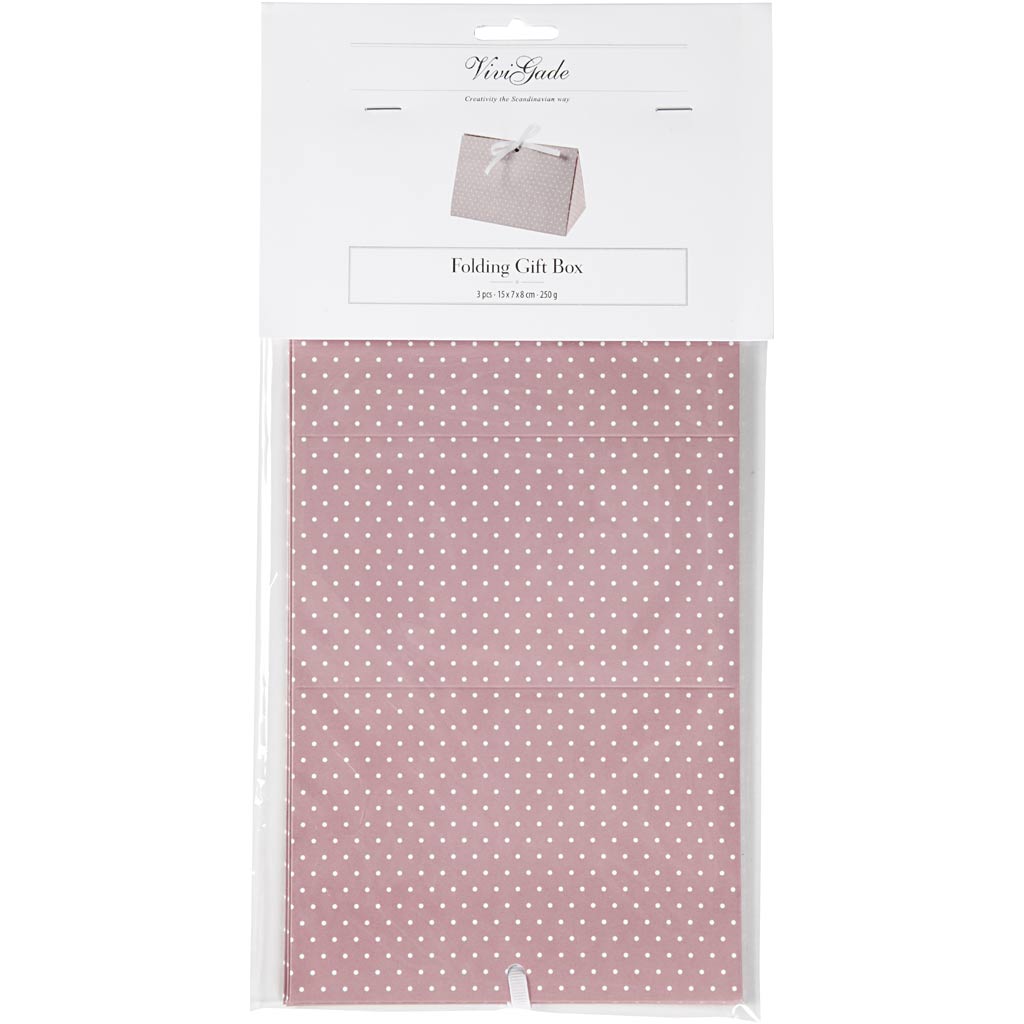 Gaveæske, prikker, str. 15x7x8 cm, 250 g, rosa, hvid, 3 stk./ 1 pk.