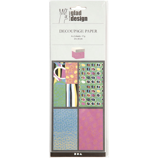 Decoupagepapir, ark 25x35 cm, 17 g, glade farver, 4x2 ark/ 1 pk.